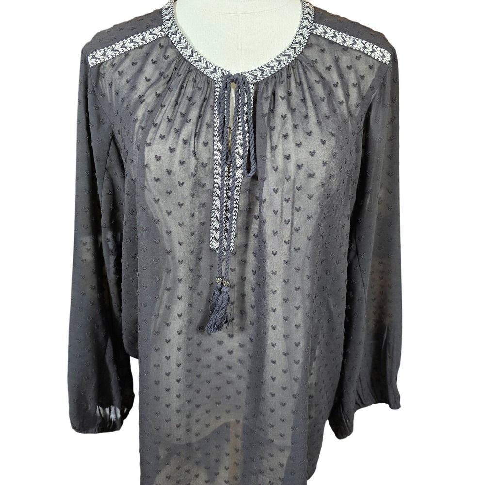 DR2 Women Black Sheer Clip Dot Peasant Blouse XL Embroidered Tassel DR23724PD3